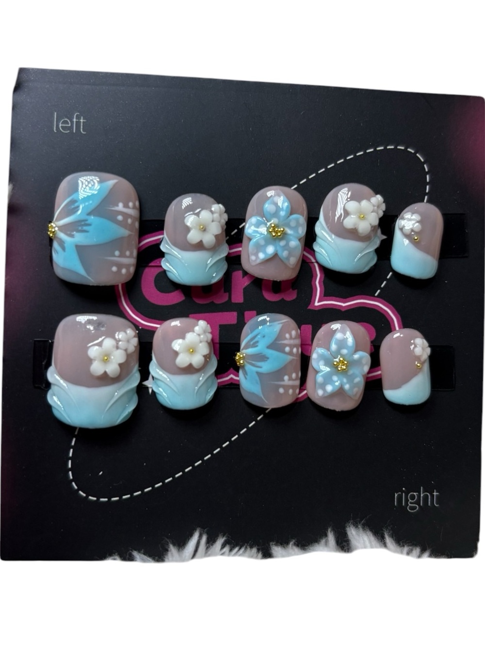 Handmade Acrylic Blue & Nude Floral Press-On Nails
